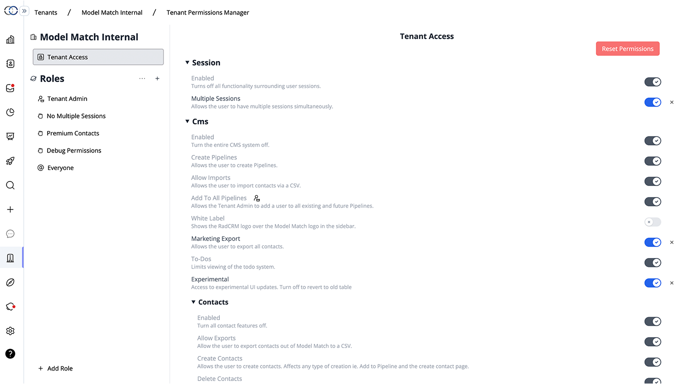Model Match permission management interface showing tenant access controls